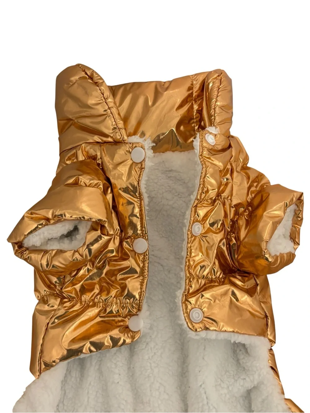 Metallic Gold Puffer Dog Coat with Full-Body Coverage. Size M